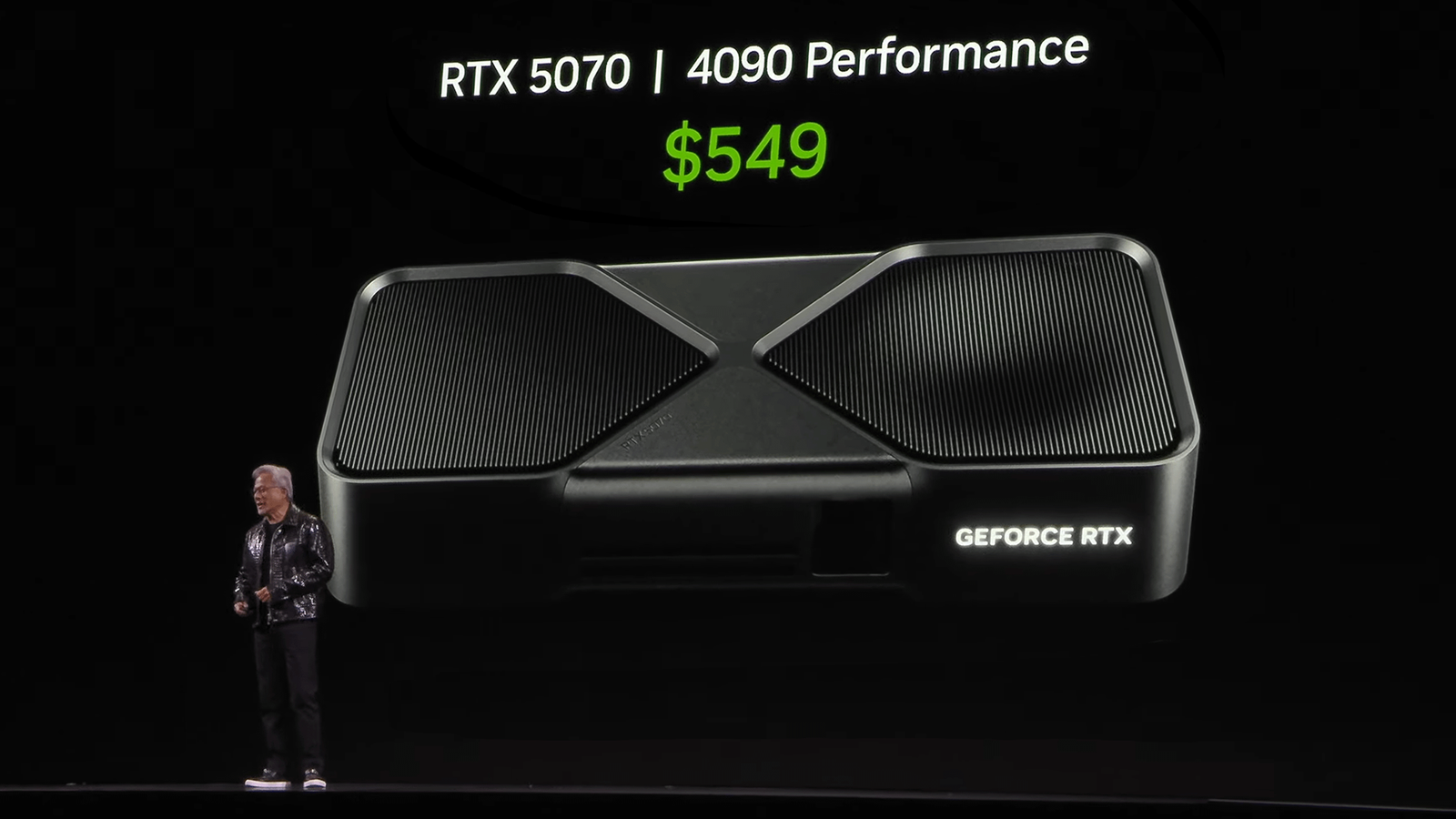 Jensen Huang announcing 5070 has the same performance as 4090